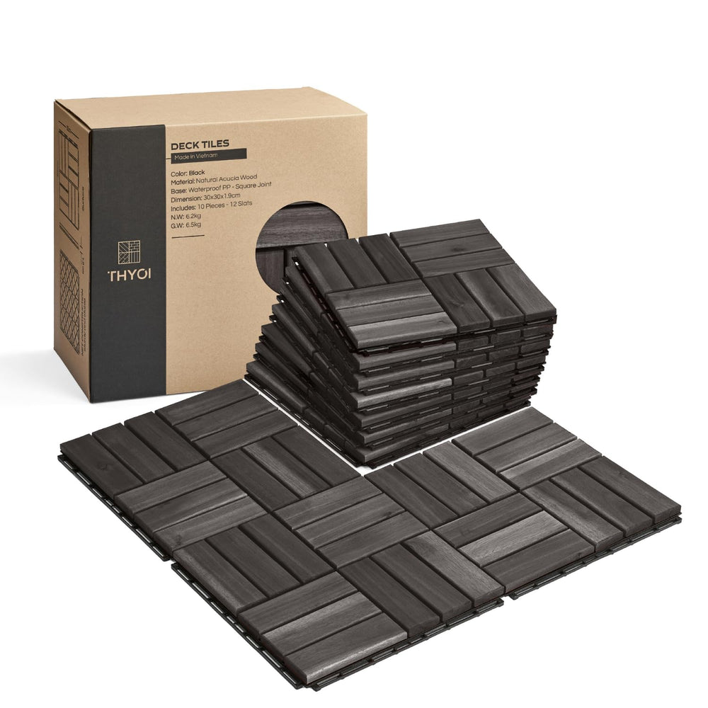 THYOI Premium Deck Tiles, 10 Pcs Patio Flooring - Black - Crossed Pattern