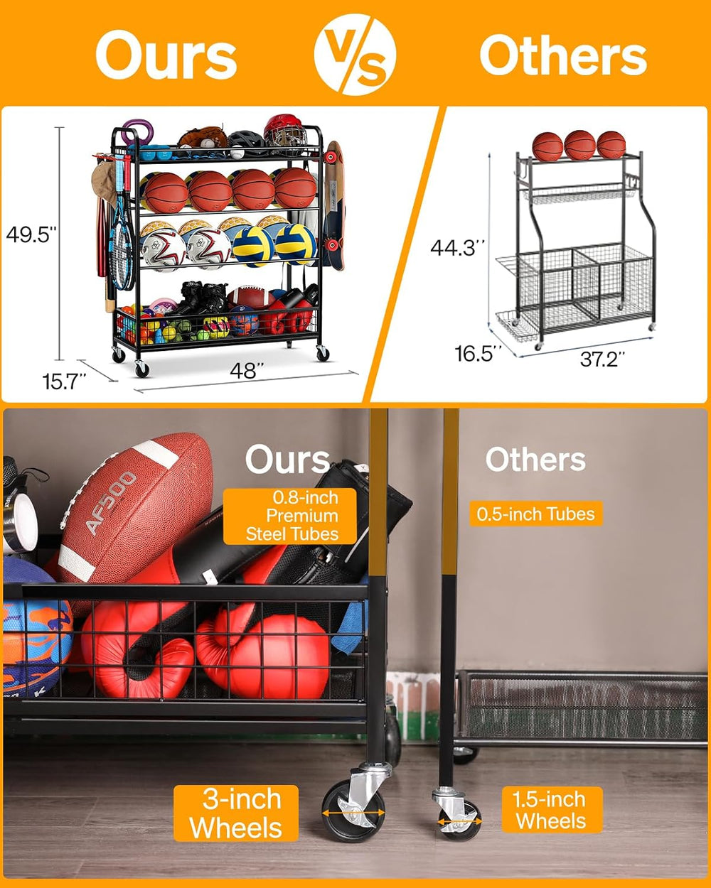 EXTCCT Garage Sports Equipment Organizer - Rolling Ball Storage with Wheels