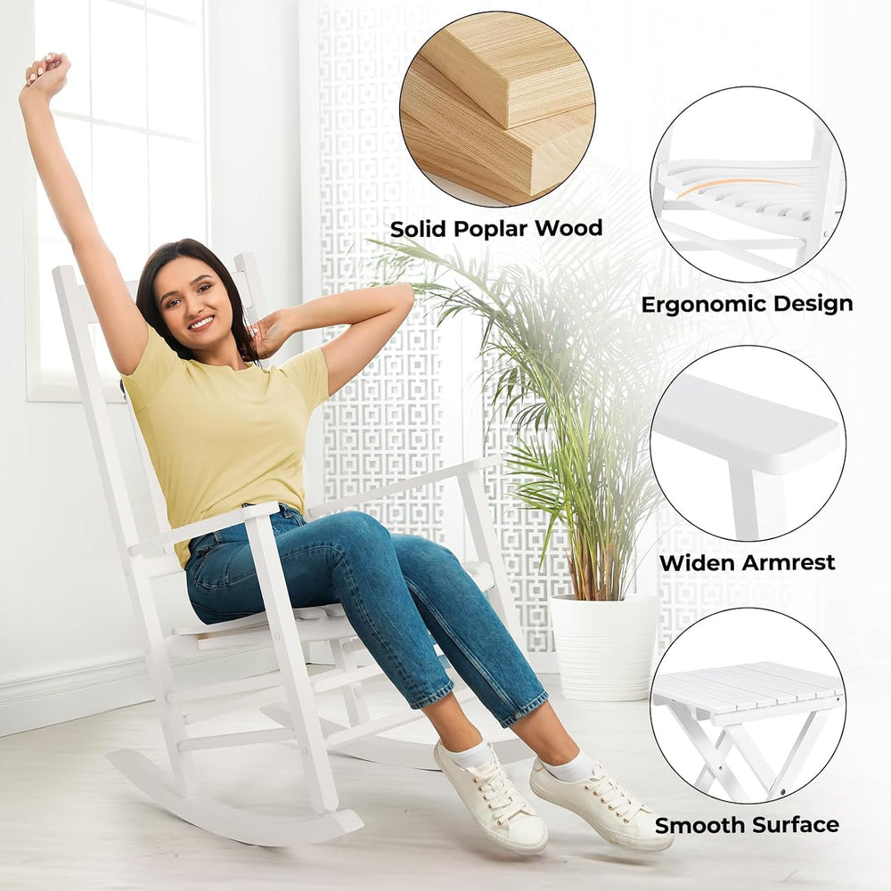 3 Piece Poplar Wood Rocking Chair Set, 2 Rockers with Side Table for Patios