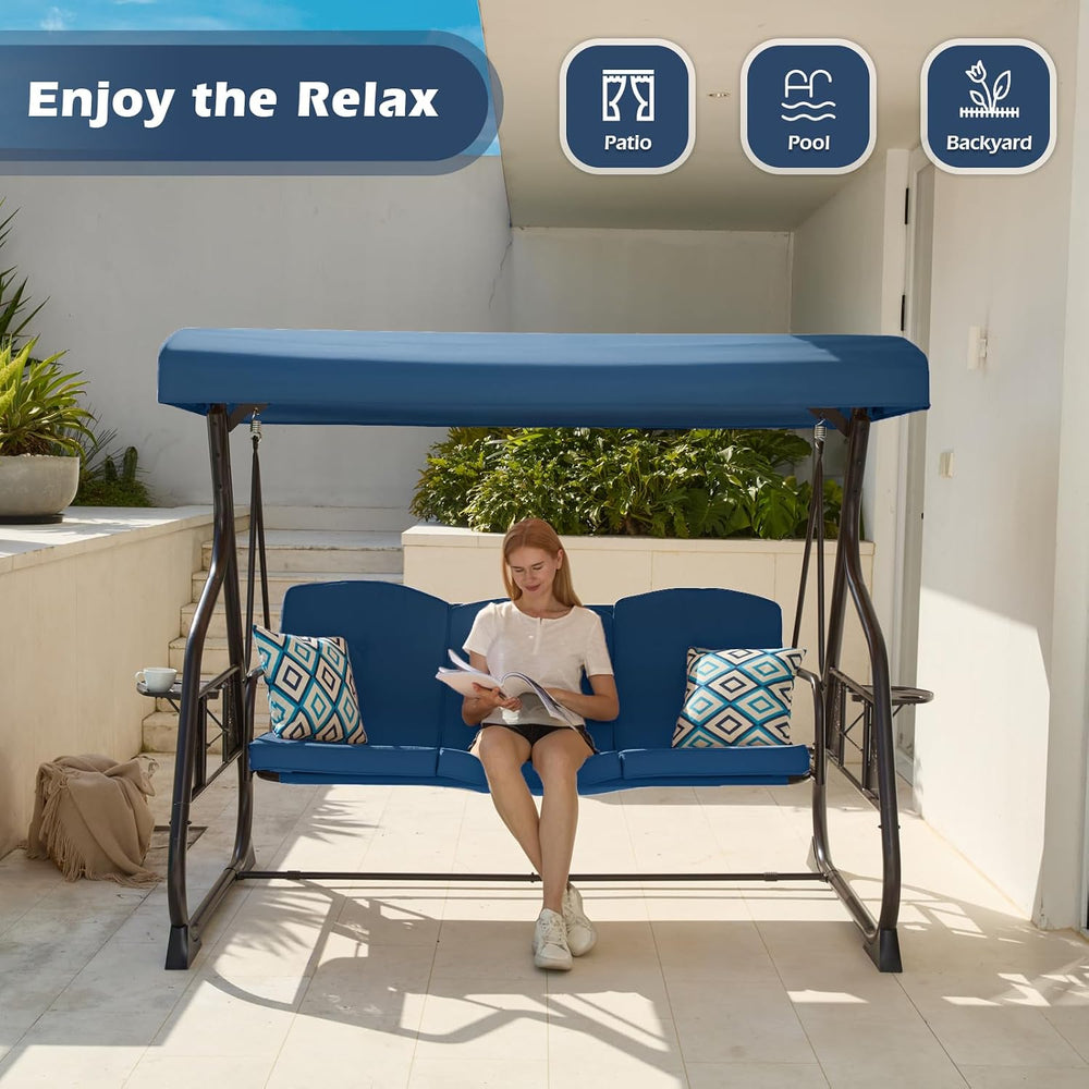 ZZW 3-Seat Patio Porch Swing 800LBS Outdoor Swing with Stand w/Canopy & A...