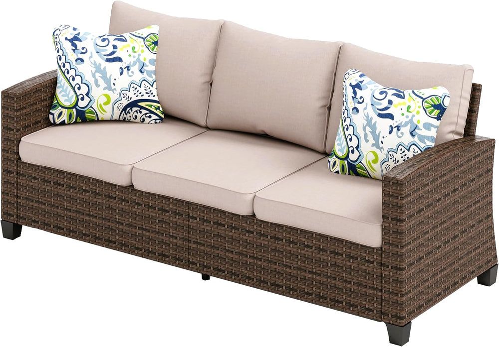 3-Seat Wicker Patio Sofa, 4" Thick Cushions, Brown/Beige