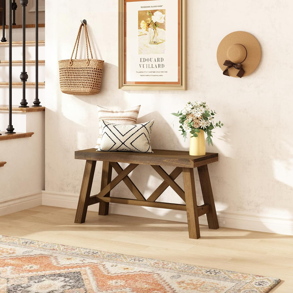 Wnutrees 30" Farmhouse Solid Wood Bench, Rustic Entryway Bench, Natural