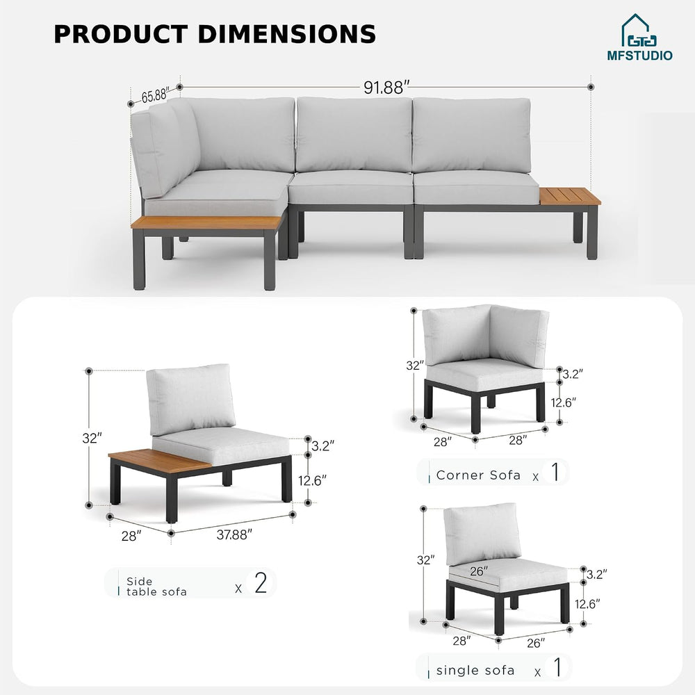 MFSTUDIO 4 Pieces Metal L-Shaped Outdoor Sectional with Cushion,