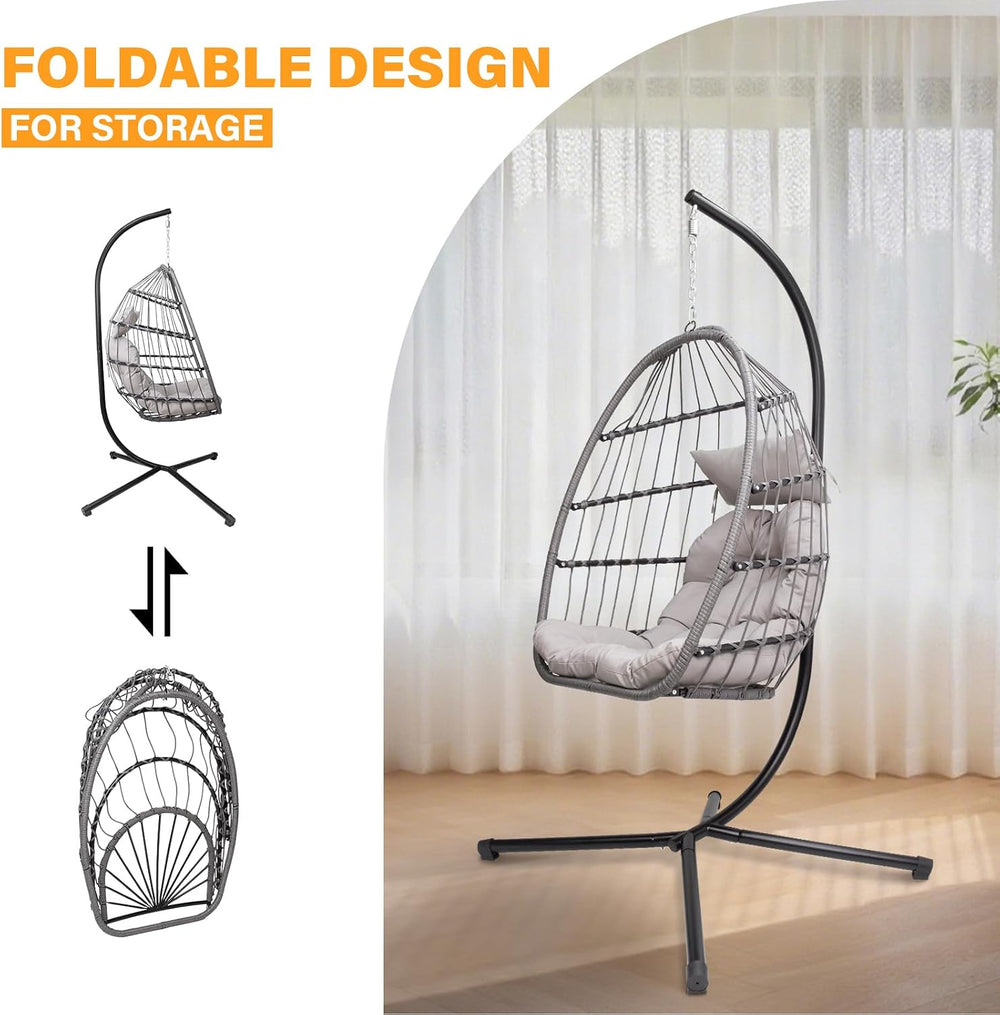 Hanging Egg Chair with Stand, Patio Wicker Hammock Egg Swing Chair with Cushi...