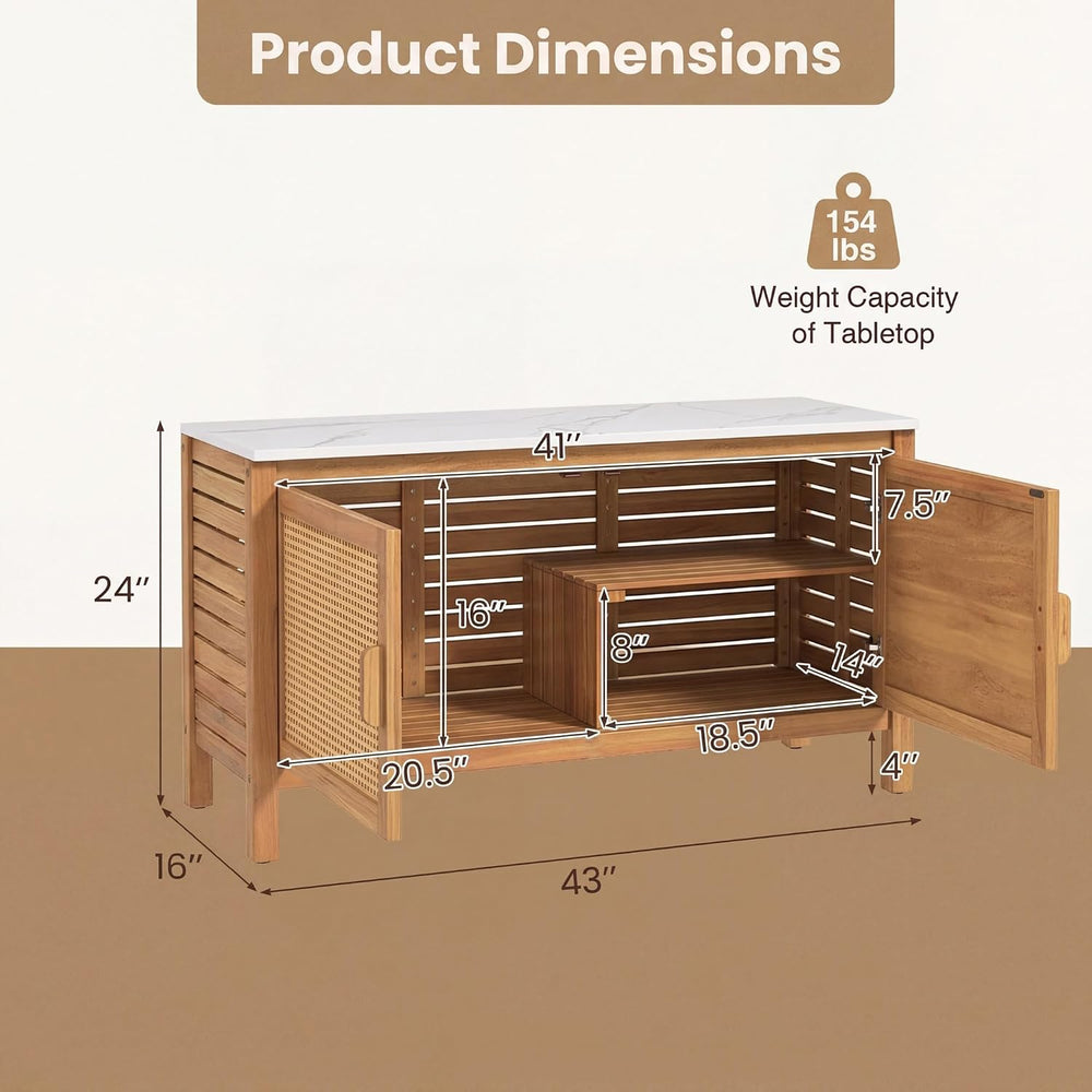 Giantex Acacia Wood Outdoor Cabinet, Storage Cabinet w/Faux Marble Top, Ratta...