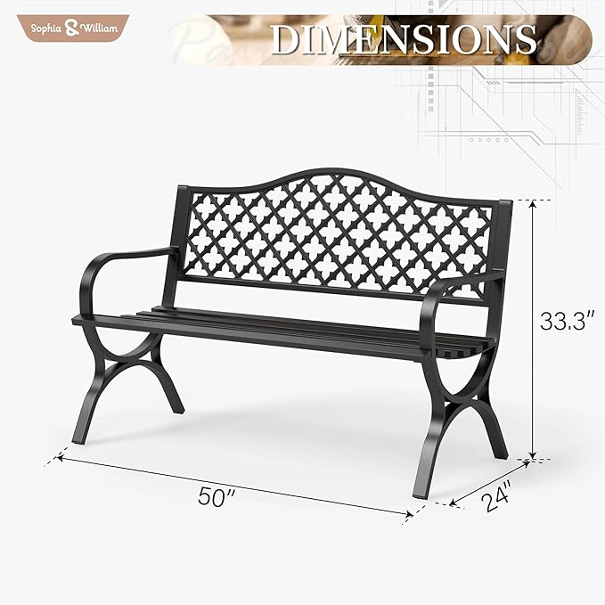Sophia & William Outdoor Bench, 50 inches Metal Garden Bench, Cast Iron P...