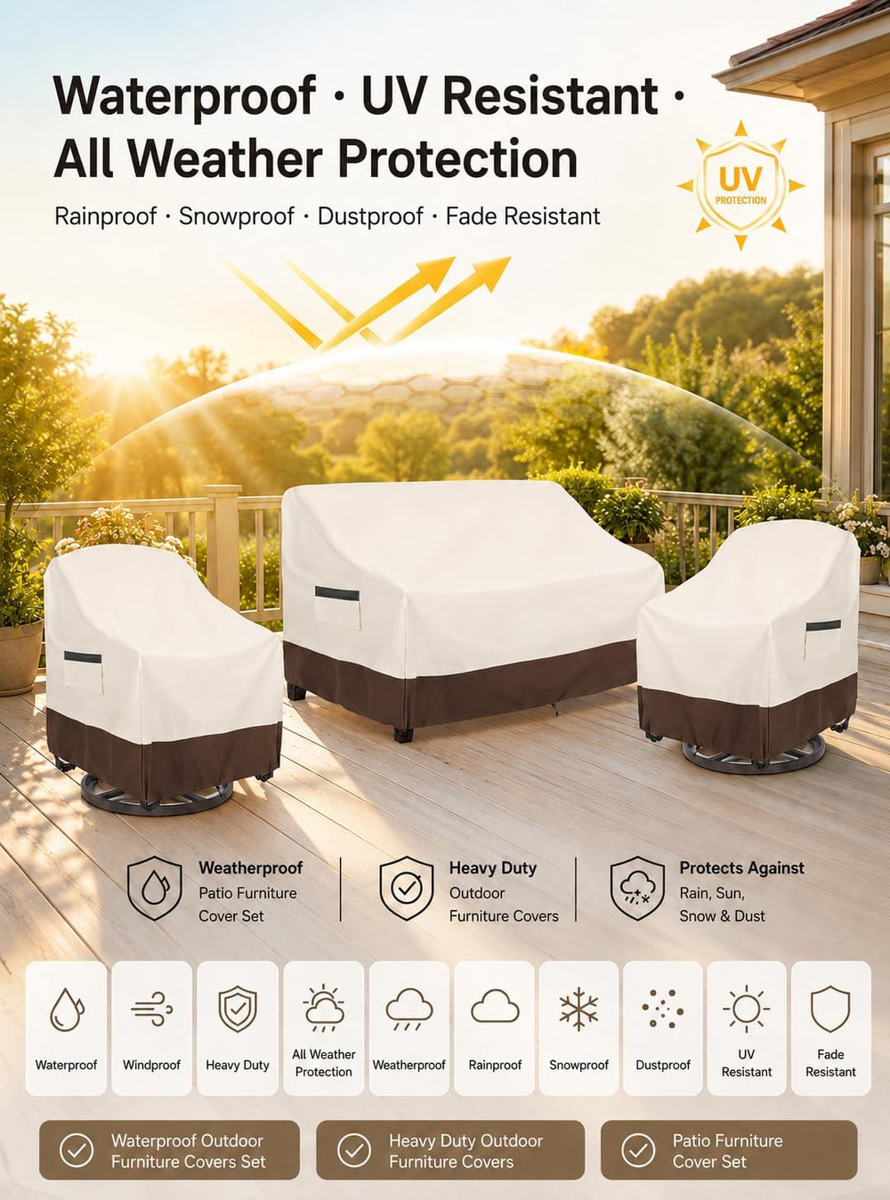 Patio Furniture Covers 3 Piece Set 2 Swivel Chair Covers + Loveseat Cover