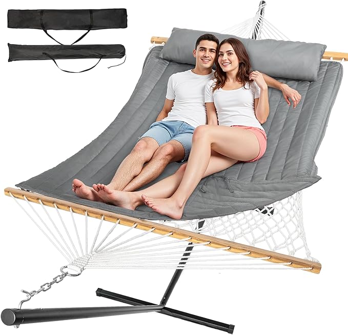 2 Person Outdoor Hammock with Stand, Cotton Rope Hammock with Polyester Pad, ...