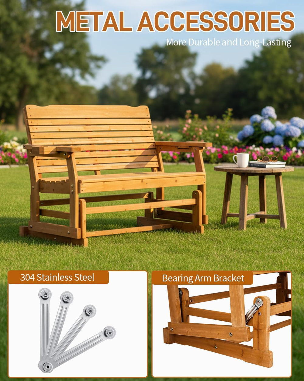 Patio Glider with Cup Holders, Wooden Outdoor Glider Bench with High Roll Bac...