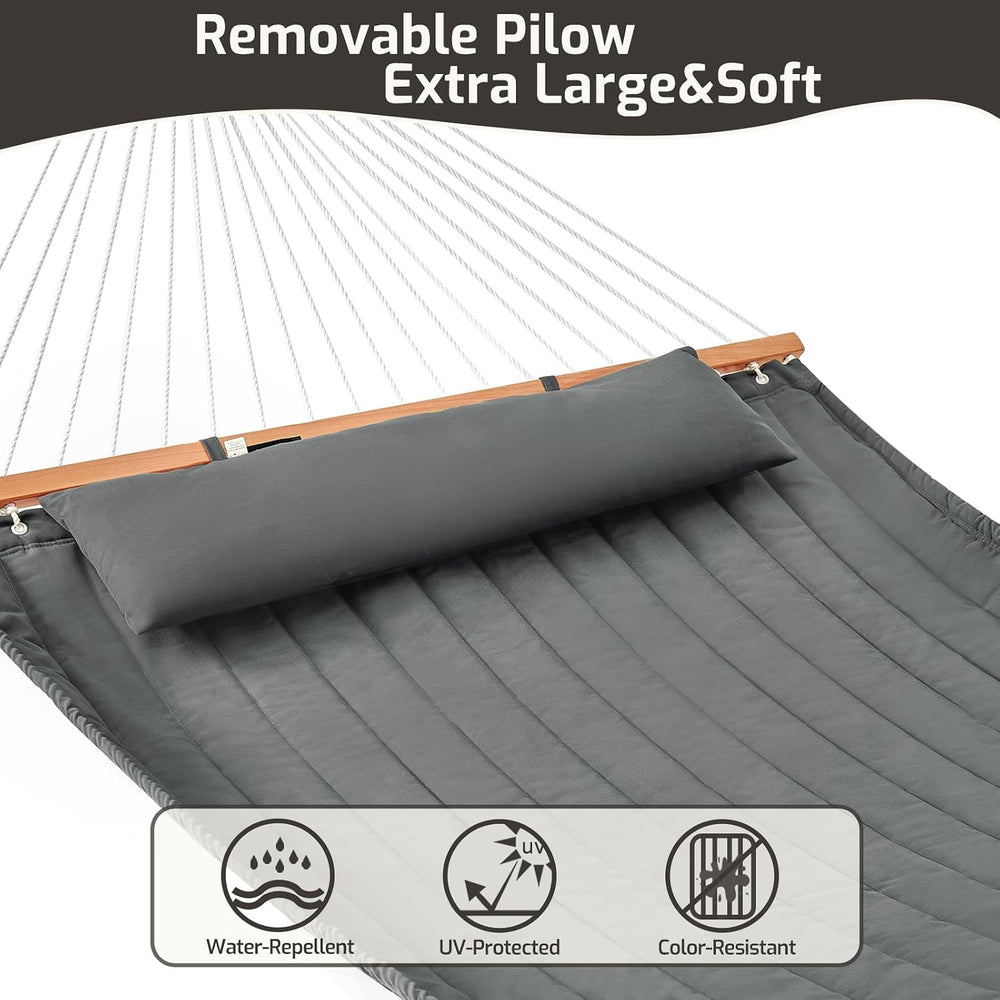 Double Quilted Hammock with Hardwood Spreader Bars and Pillow