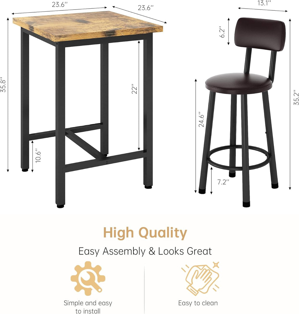 3 Piece Bar Table and Chairs Set for 2, Counter Height Square Pub Dining Set,...