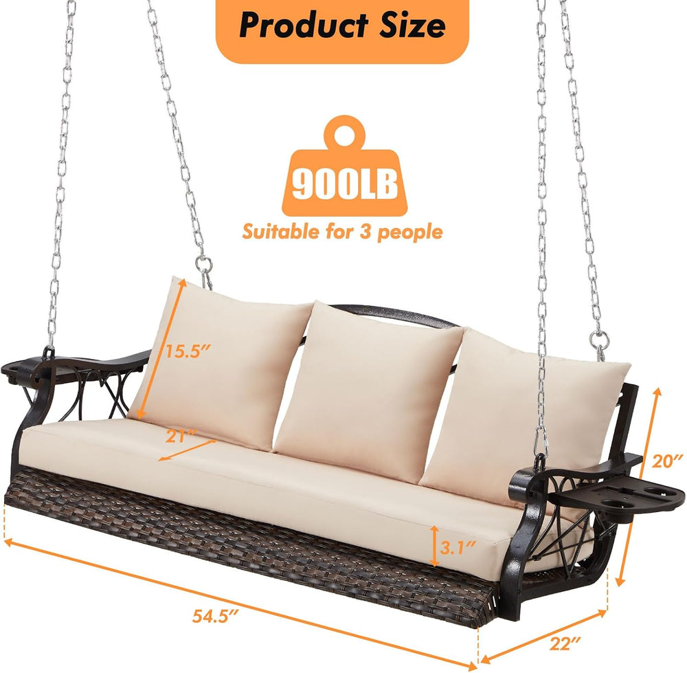 ZZW 3-Person Wicker Porch Swing Chair Heavy Duty 900 LBS Outdoor Rattan Patio...