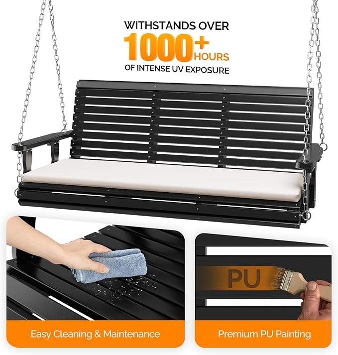VINGLI Heavy Duty 880 LBS Patio Wooden Porch Swing Outdoor with Extra Cushion...