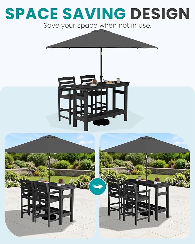 SERWALL Outdoor Bar Set with 9ft Umbrella, All-Weather HDPE Patio Bar Chairs ...