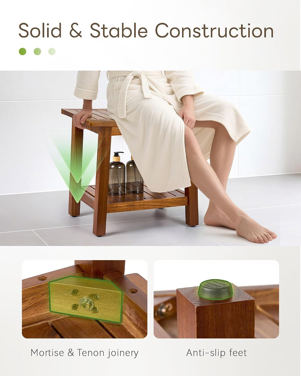 Upolana Outdoor Shower Bench, 20" Solid Acacia Wood Shower Stool Waterpr...