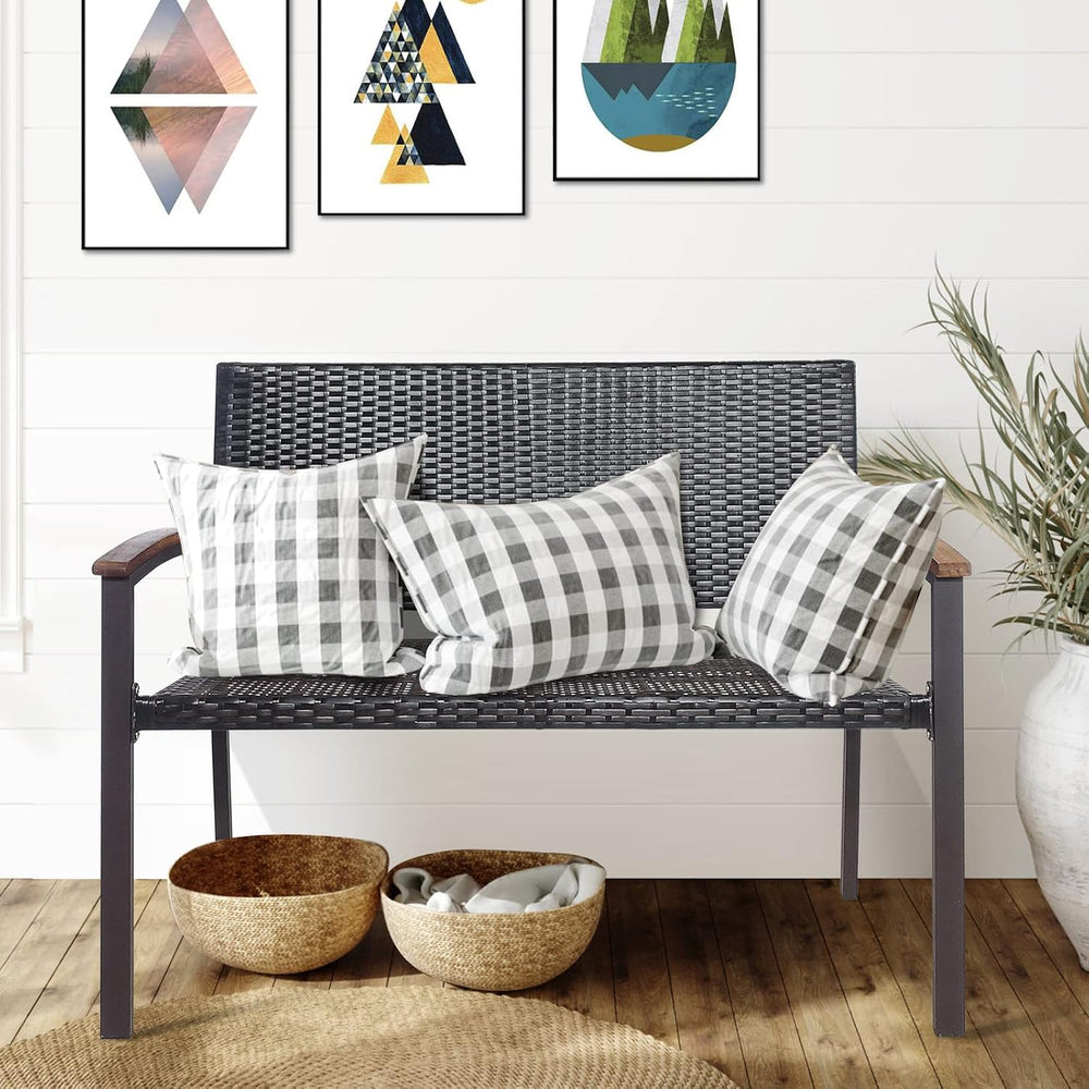 Tangkula Outdoor Stackable Bench, All-Weather PE Wicker Loveseat with Acacia ...