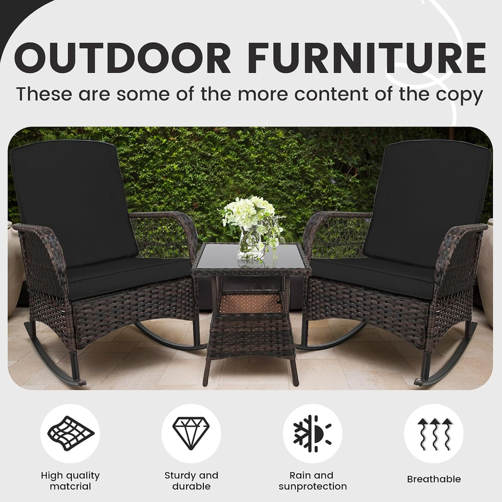 CHABATREE 3 pcs Rocking Bistro Set Conversation Chairs PE Wicker Outdoor Rock...