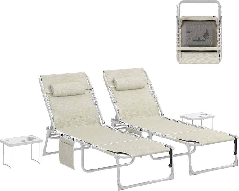 Outsunny 2 Tanning Chairs and 2 Side Tables Set, Oxford Fabric, Beige