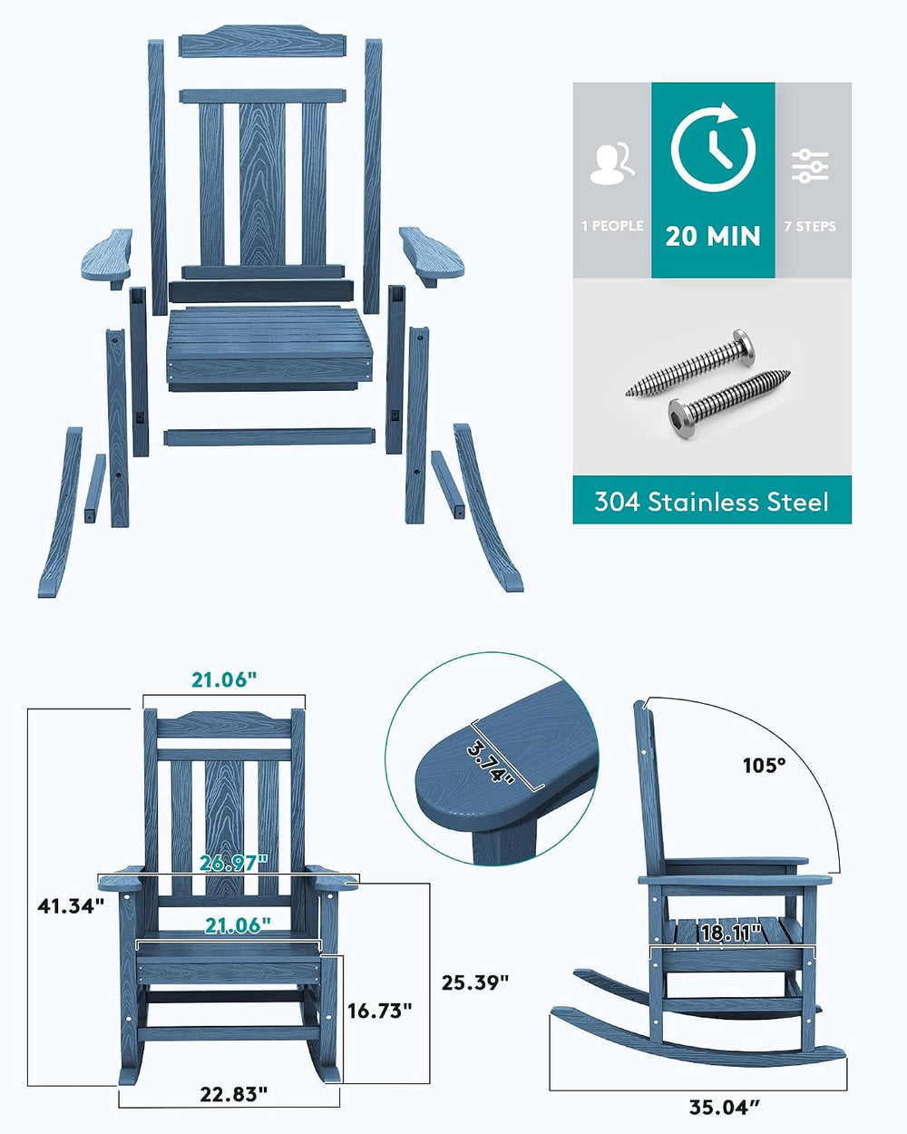 SERWALL HDPE Oversized Outdoor Rocking Chair, Patio Rocking Chair, Blue