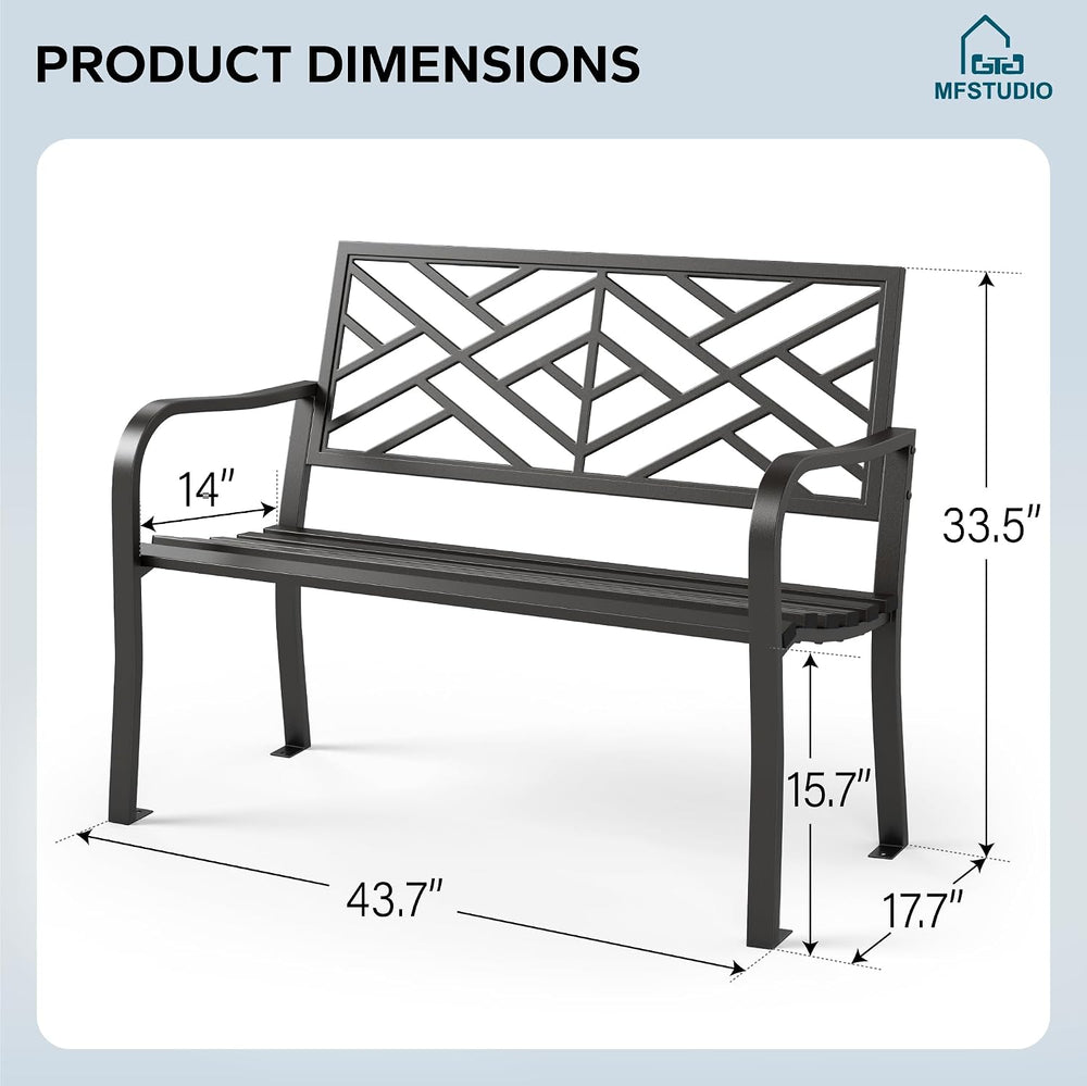 MFSTUDIO 43.7” Cast Iron Outdoor Garden Bench, Geometric Backrest, Black