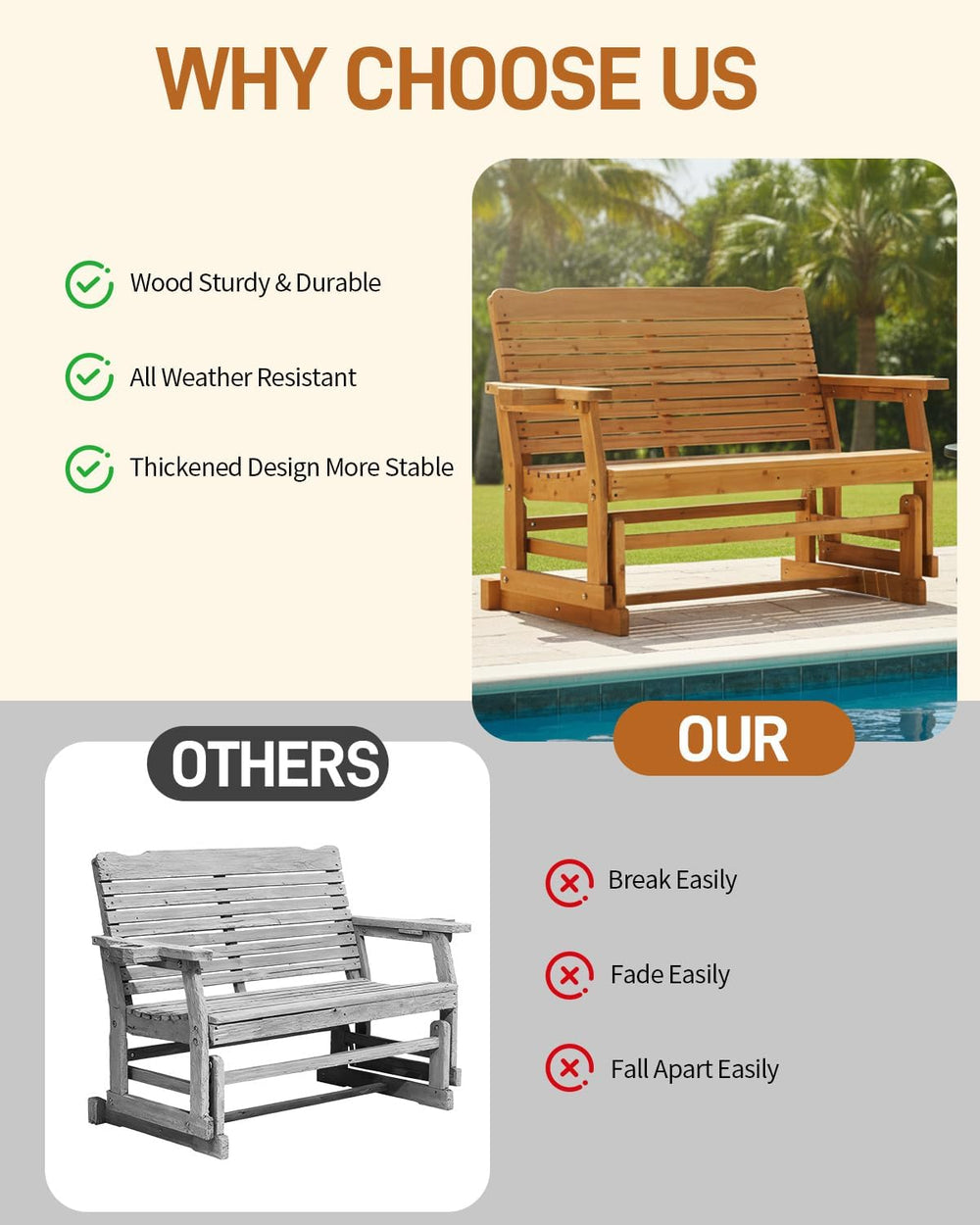 Patio Glider with Cup Holders, Wooden Outdoor Glider Bench with High Roll Bac...