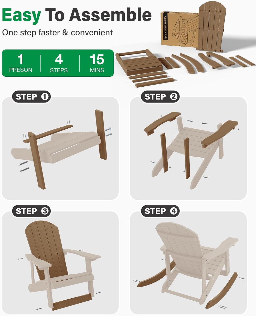 YEFU Adirondack Rocking Chair Set of 2, All-Weather Resistant, Teak