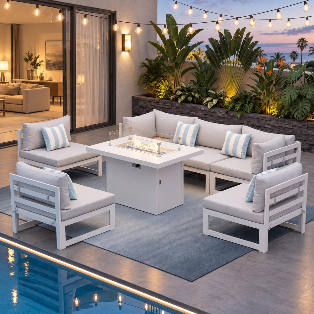 NICESOUL 7 Piece White Powder-Coated Aluminum Patio Furniture with Fire Pit T...