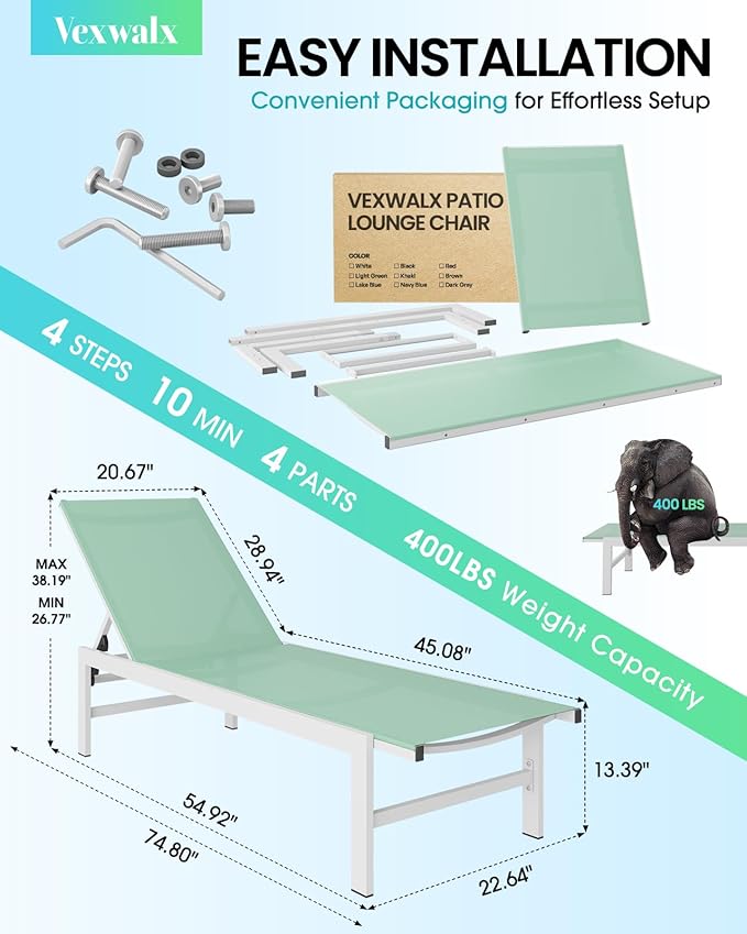 Outdoor Lounge Chairs Set of 2, Aluminum Patio Chaise Lounge Chairs with 5-Po...