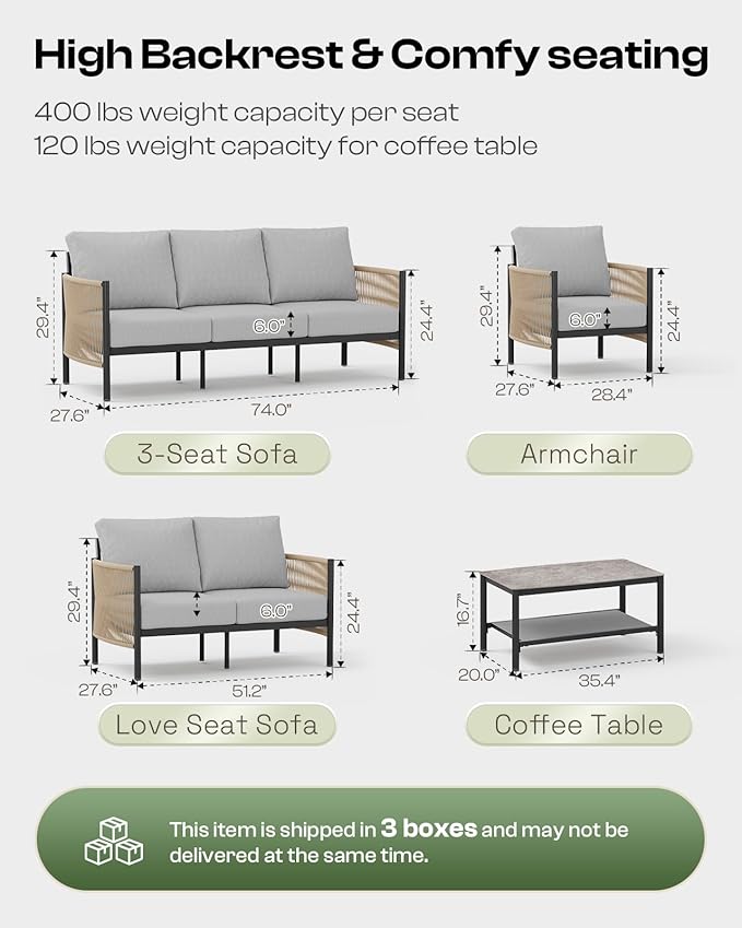 Aluminum Outdoor Patio Furniture Set with Dual-Layer Coffee Table, 4 Piece Mo...