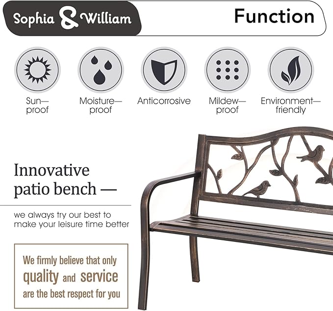 Sophia & William Outdoor Bench, Porch Bench, Garden Bench, Wrought Iron B...