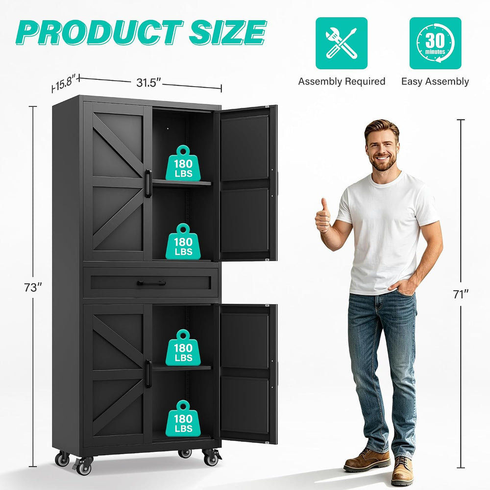 Black Metal Storage Cabinet with Wheels and Drawer,Rolling Garage Cabinet wit...