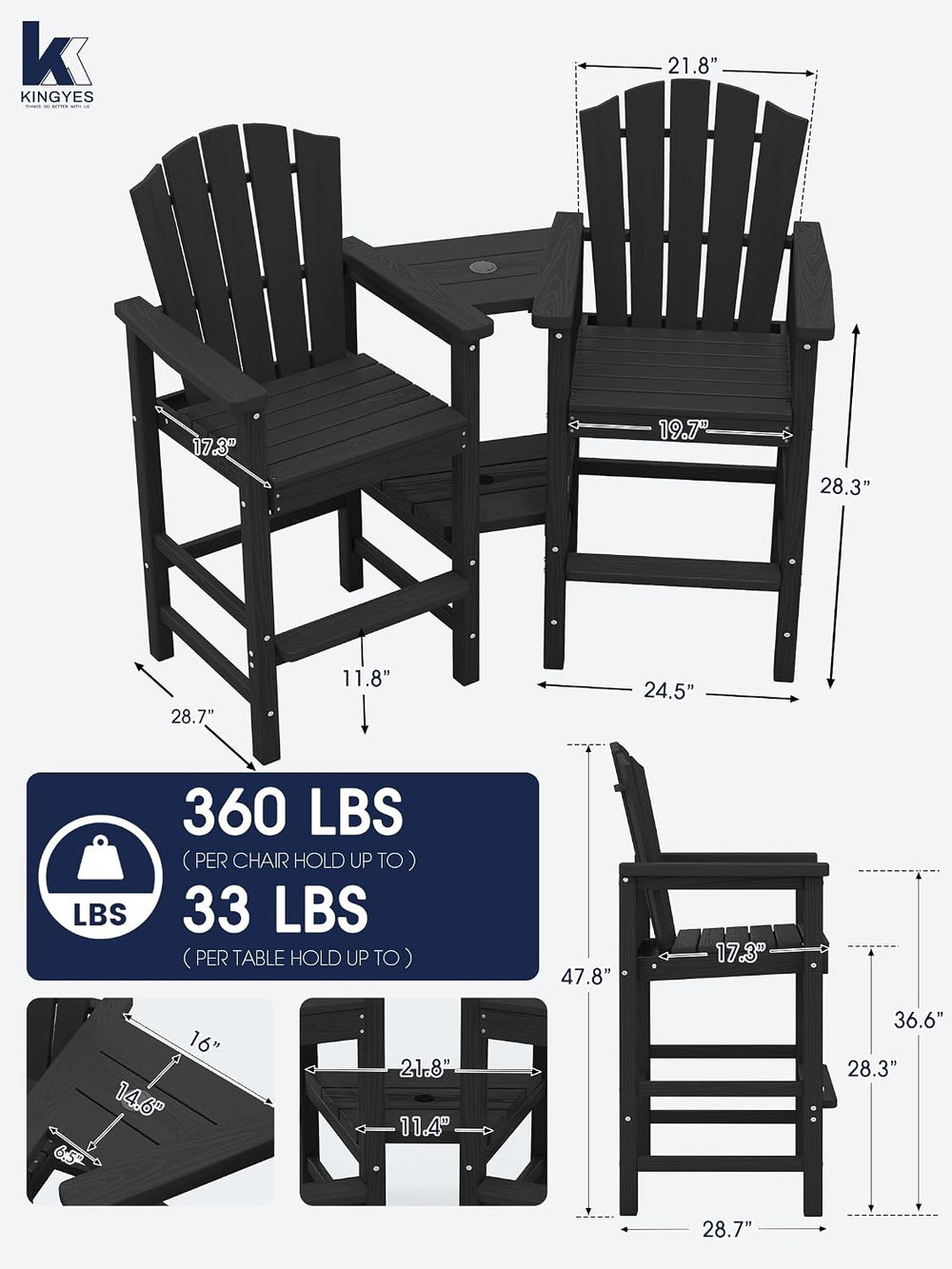 KINGYES Tall Adirondack Chair Set of 2 with Double Connecting Trays, Black