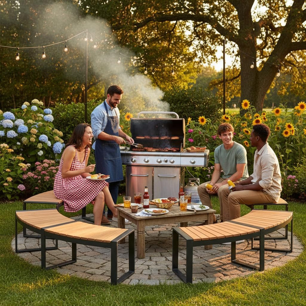 Tangkula Acacia Wood Metal Curved Bench, Fire Pit Patio Bench for 2, 1 Pack