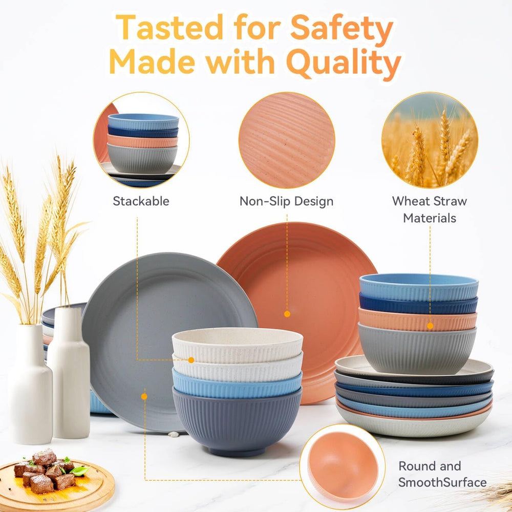 Wheat Straw Dinnerware Sets,64-Piece Black Plates and Bowls Sets for 8-Unbrea...