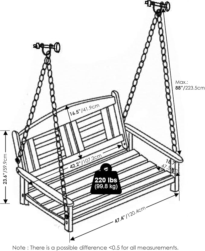 Furinno Tioman Hardwood Patio / Garden / Outdoor 4ft Porch Swing, 2 Seater wi...