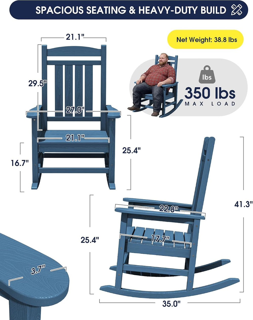 Oversized Outdoor Rocking Chair for Adults, Porch Rockers, Blue