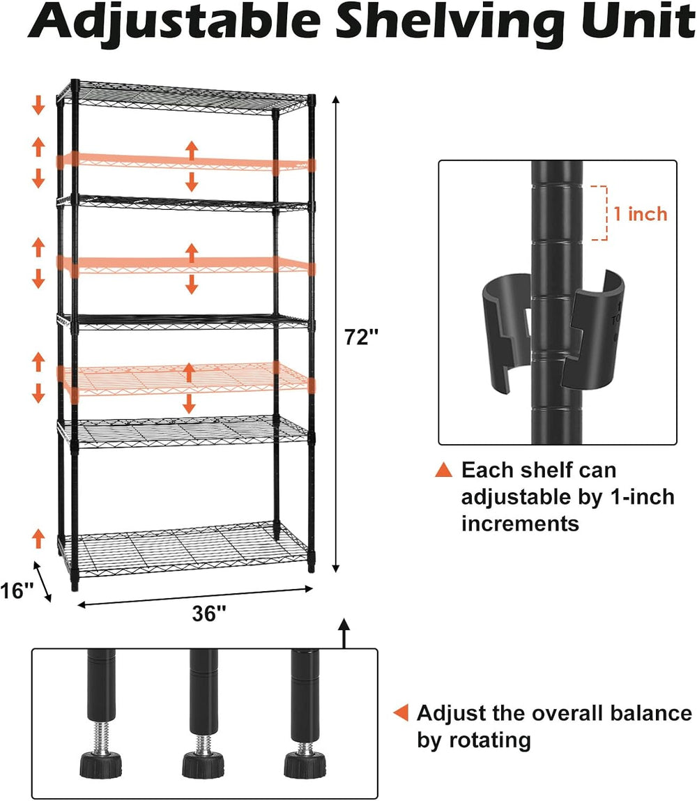 WDT 5 Tier Shelf Shelving Unit with Wheels,Adjustable Metal Shelves for Stora...