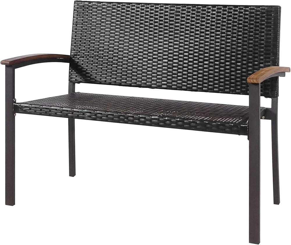 Tangkula Outdoor Stackable Bench, All-Weather PE Wicker Loveseat with Acacia ...