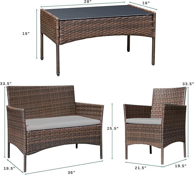 Greesum Patio Furniture 4 Pieces Conversation Sets Outdoor Wicker Rattan Chai...