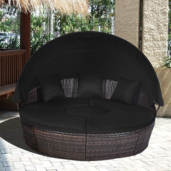 Tangkula Patio Round Daybed with Retractable Canopy, Outdoor Wicker Rattan Fu...