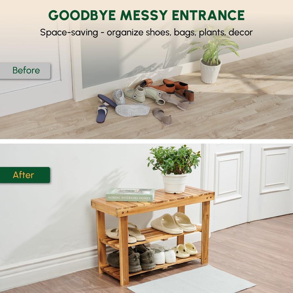 BEEFURNI Acacia Wooden Shoe Rack Bench for Entryway, 3-Tier, Natural