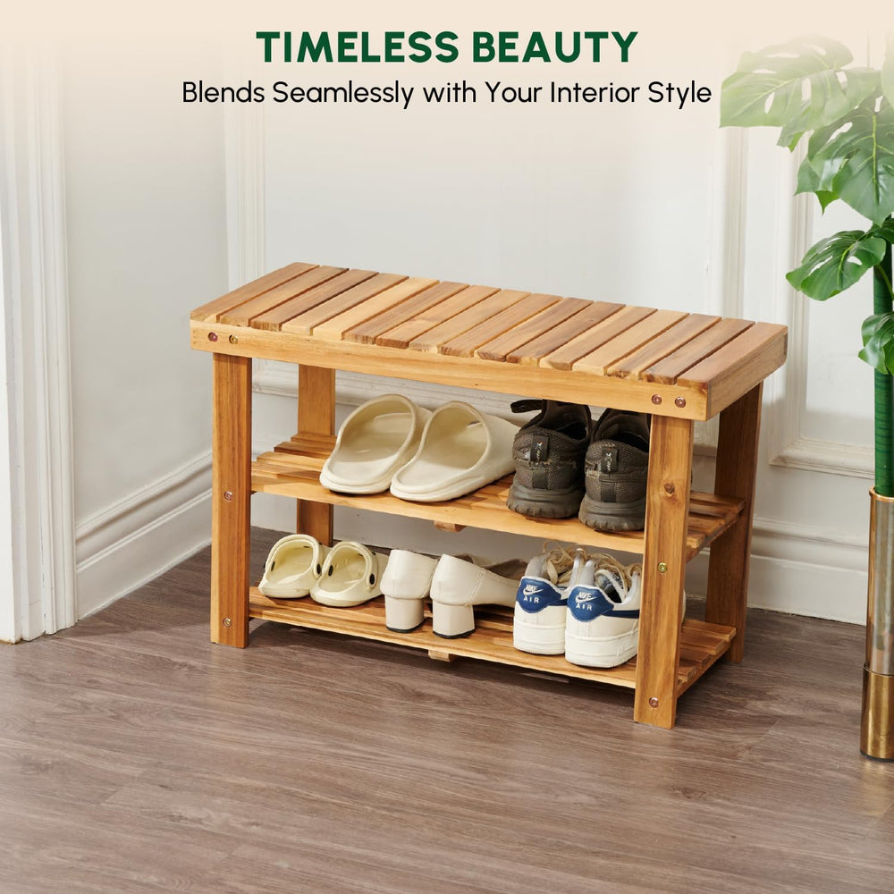 BEEFURNI Acacia Wooden Shoe Rack Bench for Entryway, 3-Tier, Natural