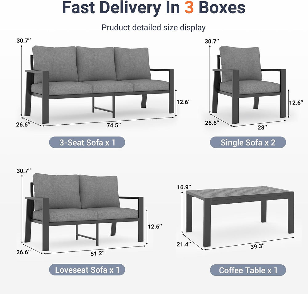 5 Piece Full Aluminum Outdoor Furniture Set Patio Sofa Sets w/Coffee Table