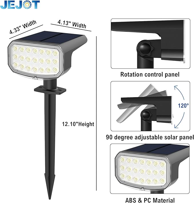 Solar Lights Outdoor Waterproof IP65, Super Bright LED with Lens, 3000K 2 Lig...