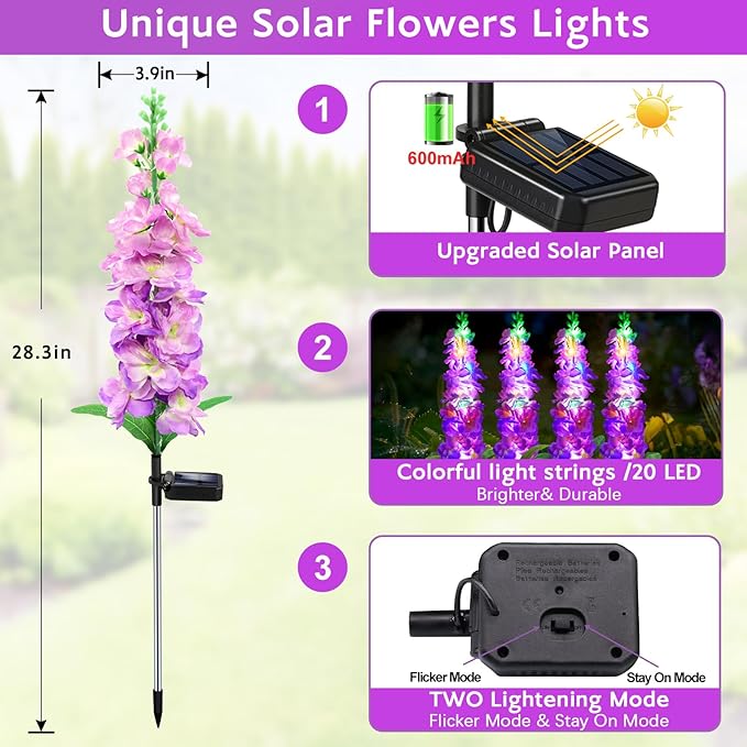 Solar Garden Lights, Solar Purple Delphinium Flowers Lights 4 Pack 80 LEDs, W...