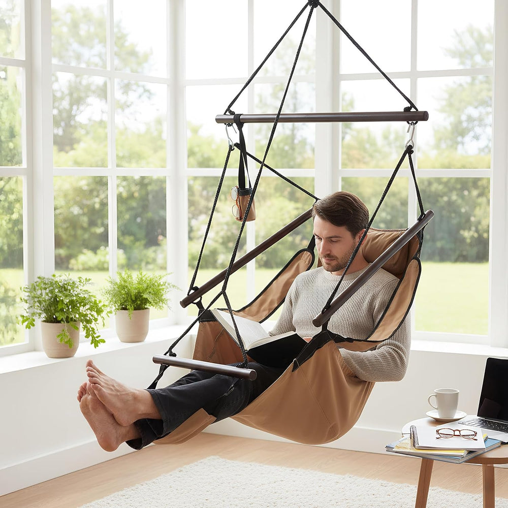 Upgraded Unique Hammock Hanging Sky Chair, Air Deluxe Swing Seat with Rope (Tan)