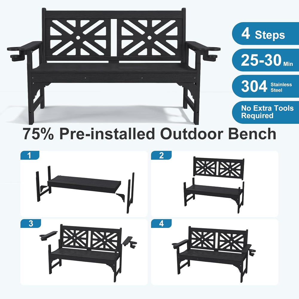 Oversized Outdoor Bench Set of 2, 51.5” HDPE Aesthetic Garden Bench with Cup ...