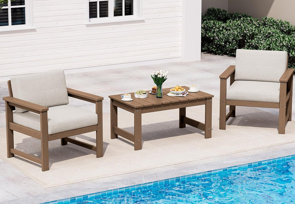 SERWALL 3 Pieces HDPE Outdoor Sofa Bistro Set with Cushions & Coffee Table