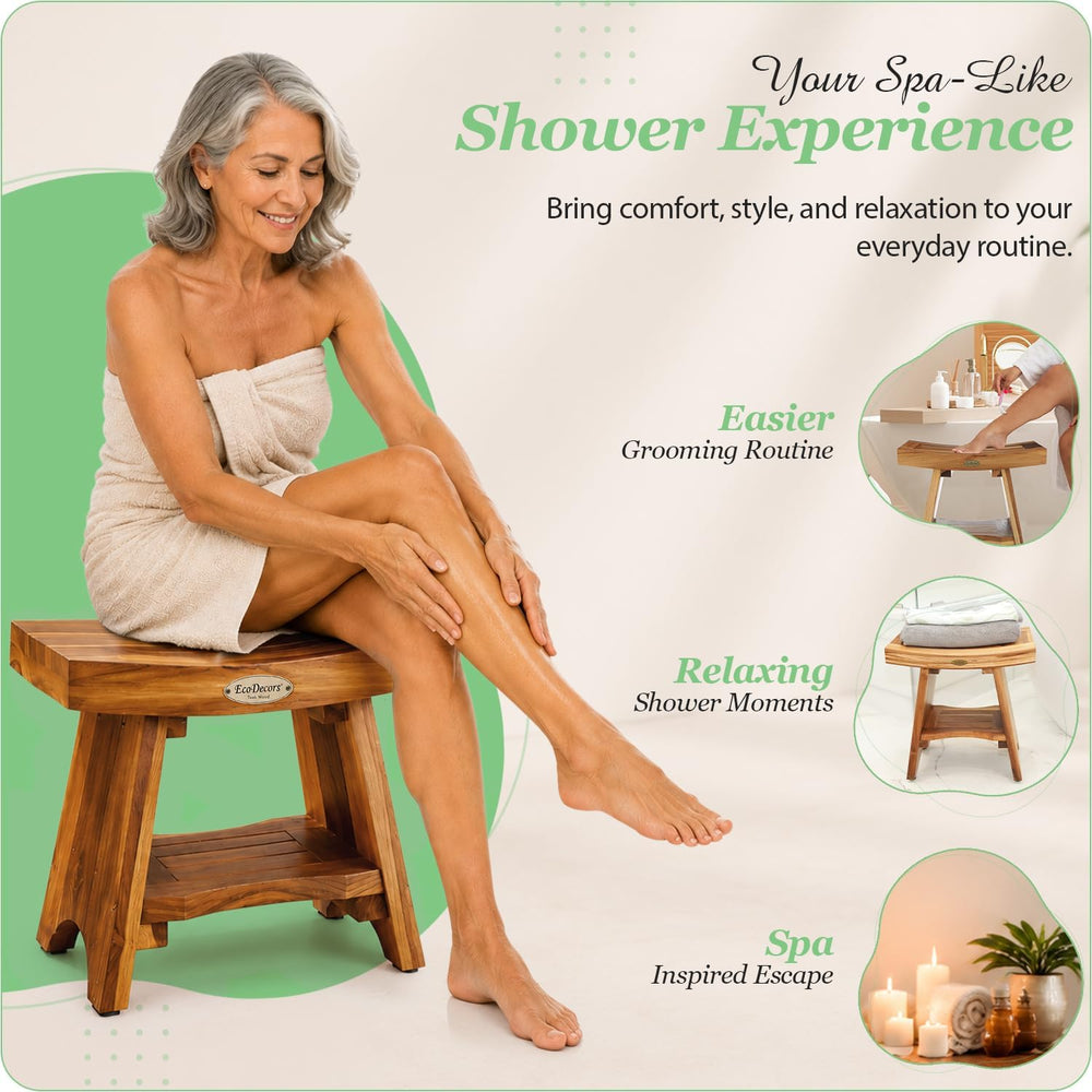 EcoDecors 18" Teak Shower Bench with Shelf, Solid Teak Wood Shower Stool