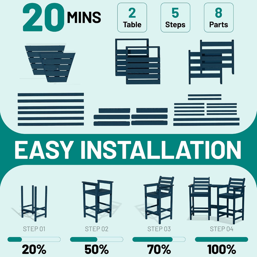 PLUUV Tall Adirondack Chairs Set of 2 with Double Connecting Trays,Navy